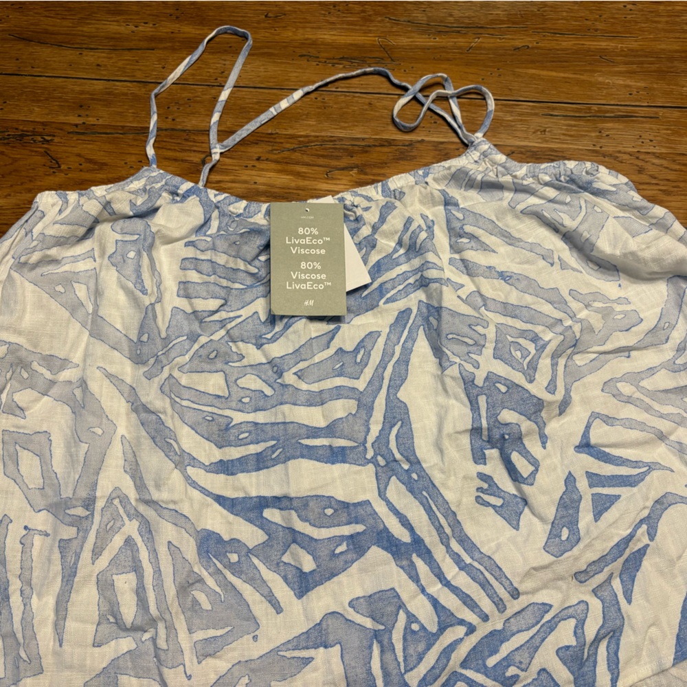 H&M Linen Euro Summer Cottagecore Blue and White Smocked Tank L - Picture 2 of 5